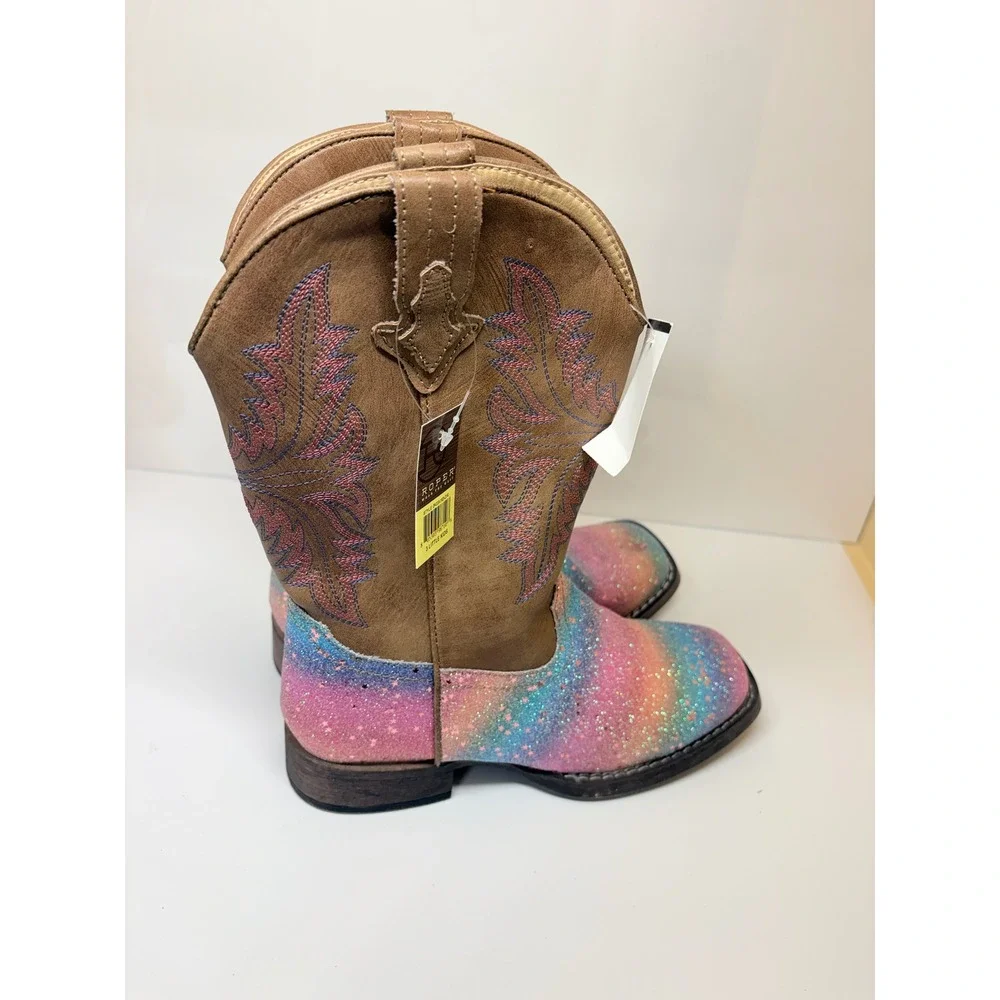 Roper Girls Size 3 Rainbow Glitter Tan Cowboy Boots Square Toe